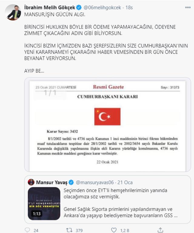 Melih Gökçek GSS primleri üzerinden Yavaş'ı hedef alıp bazı AK Partililere tepki gösterdi