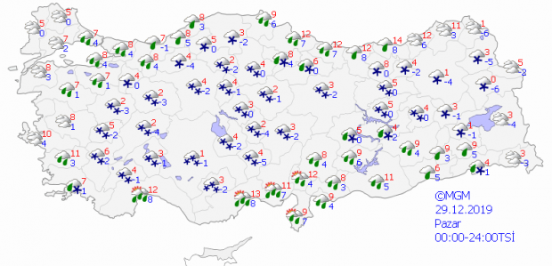 29 Aralık Pazar günü yurt genelinde beklenen hava durumu.