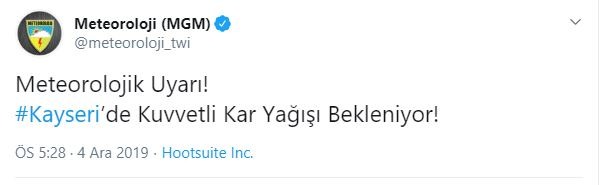 Meteoroloji Genel Müdürlüğü, Kayseri'ye yoğun kar yağışı uyarısı yaptı.
