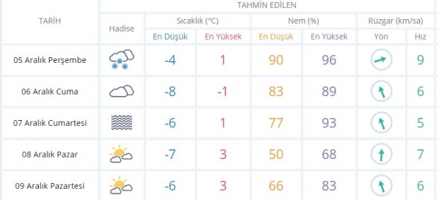 Kayseri'de beklenen 5 günlük hava raporu.