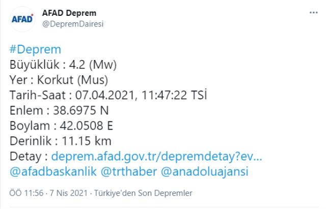 Muş'ta 4.2 büyüklüğünde deprem Muş'ta 4.2 büyüklüğünde deprem