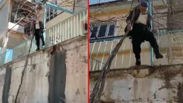 Mustafa Dede, budamak istediği asmada asılı kaldı Mustafa Dede, budamak istediği asmada asılı kaldı