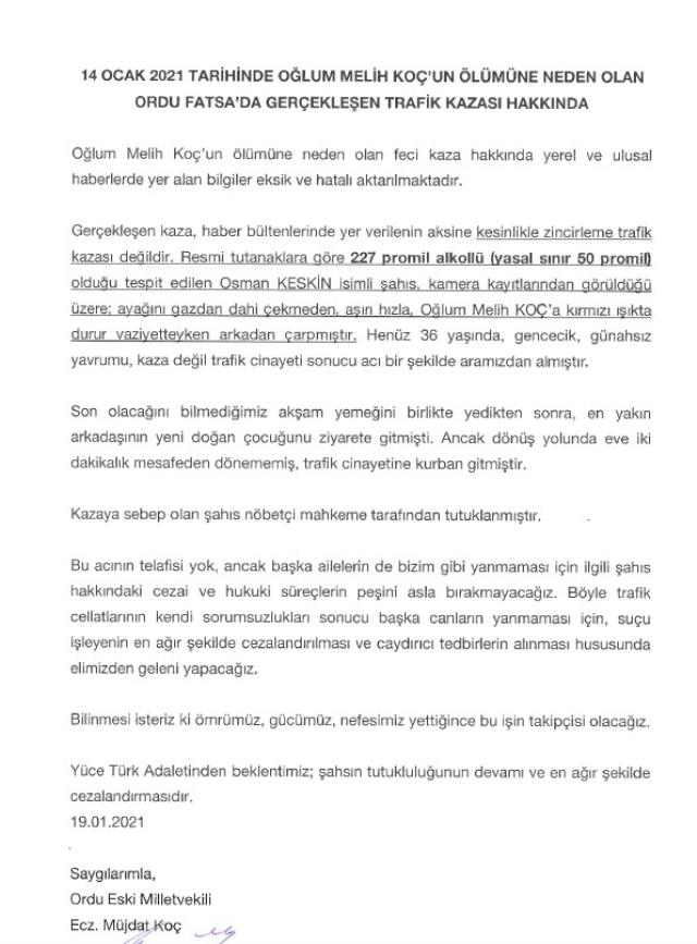 Oğlunu trafik kazasında kaybeden eski vekilden açıklama: Oğlum, alkollü sürücünün arkadan çarpmasıyla hayatını kaybetti