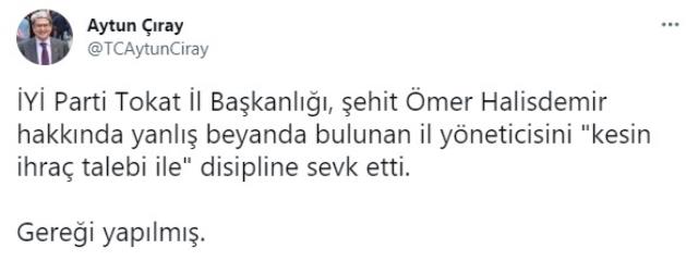 Ömer Halisdemir için çirkin ifadeler kullanan İYİ Partili Sarıtaşlı, kesin ihraç talebiyle disipline sevk edildi