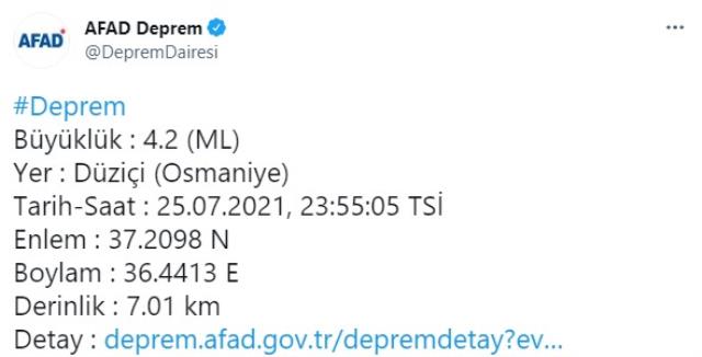 Osmaniye'de 4,2 büyüklüğünde deprem