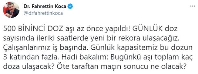 Sağlık Bakanı Koca: 'Günlük doz sayısında ileriki saatlerde yeni bir rekora ulaşacağız'