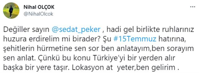 Sedat Peker'den 'Lokasyon at ben gelirim' çağrısında bulunan Nihal Olçok'a yanıt: Şeref duyarım