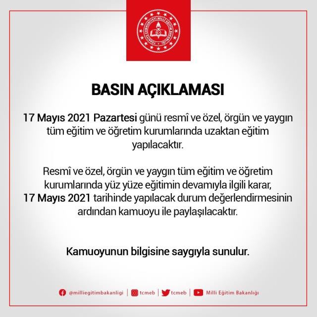 Son Dakika: 17 Mayıs Pazartesi yüz yüze eğitim olacak mı? MEB, kafa karışıklığını giderdi Son Dakika: 17 Mayıs Pazartesi yüz yüze eğitim olacak mı? MEB, kafa karışıklığını giderdi