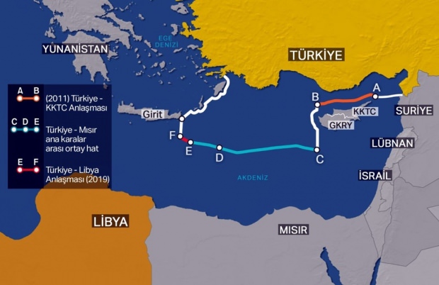 Libya ile varılan son mutabakattan sonra Türkiye'nin Doğu Akdeniz'deki kıta sahanlığı ve münhasır ekonomik bölge (MEB) sınırlarını gösteren harita (Fotoğraf:NTV)