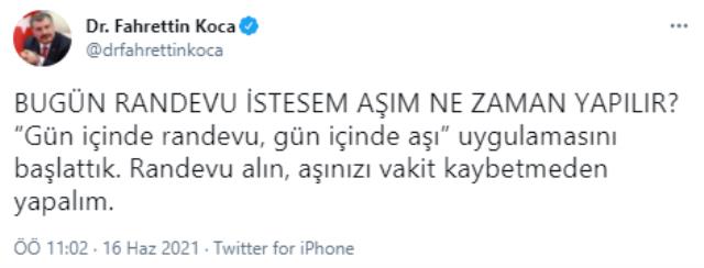 Son Dakika: Sağlık Bakanı Fahrettin Koca: Gün içinde randevu, gün içinde aşı uygulamasını başlattık