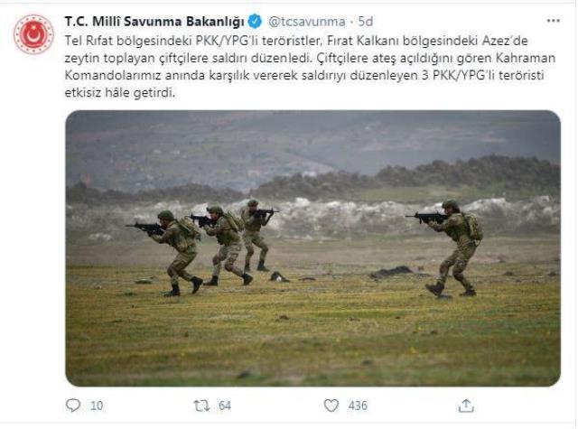 Son Dakika: Azez'de zeytin toplayan çiftçilere saldırı düzenleyen 3 PKK'lı terörist etkisiz hale getirildi