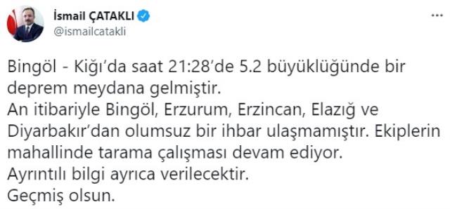 Son Dakika: Bingöl'ün Kiğı ilçesinde 5.2 büyüklüğünde deprem meydana geldi