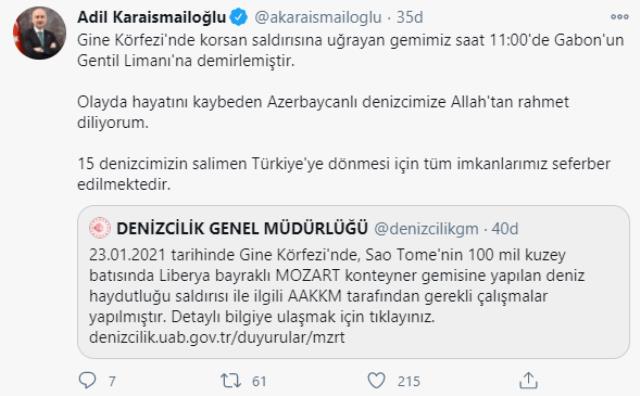 Son Dakika: Gine Körfezi'nde korsan saldırısına uğrayan Türk gemisi Gabon'un Gentil Limanı'na demirledi