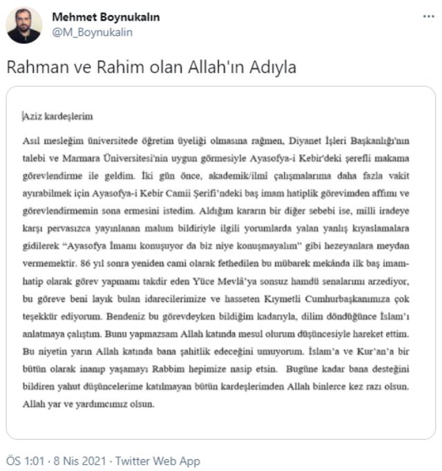 Son Dakika! Görevinden ayrılan Ayasofya İmamı Mehmet Boynukalın'dan ilk açıklama: Malum bildiriyle ilgili hezeyanlara meydan vermek istemedim