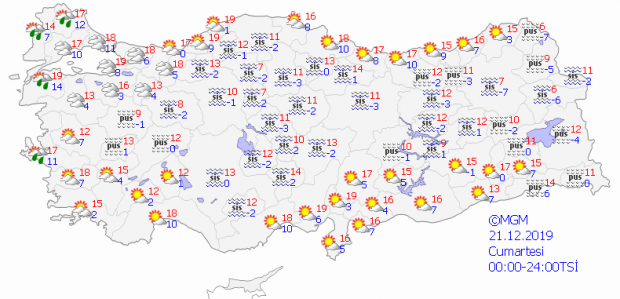 21 Aralık Cumartesi: Yurt genelinde beklenen hava durumu.
