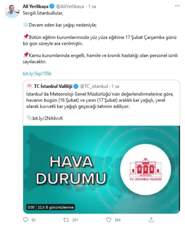 Son Dakika: İstanbul'da kar yağışı nedeniyle yüze yüze eğitime 1 gün daha ara verildi