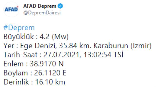 Son Dakika! İzmir'in Karaburun ilçesi açıklarında 4.2 büyüklüğünde deprem meydana geldi