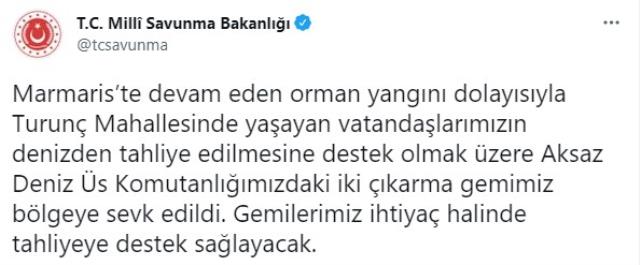 Son Dakika: Milli Savunma Bakanlığı, tahliye çalışmalarına destek vermek amacıyla iki çıkarma gemisini Marmaris'e sevk etti