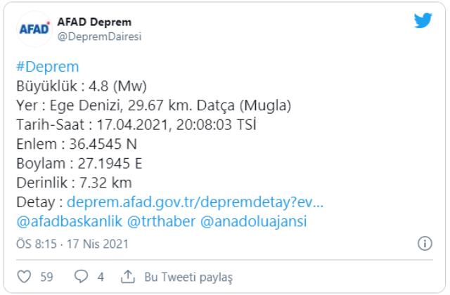 Son Dakika: Muğla'nın Datça ilçesinde 4.8 büyüklüğünde deprem meydana geldi Son Dakika: Muğla'nın Datça ilçesinde 4.8 büyüklüğünde deprem meydana geldi