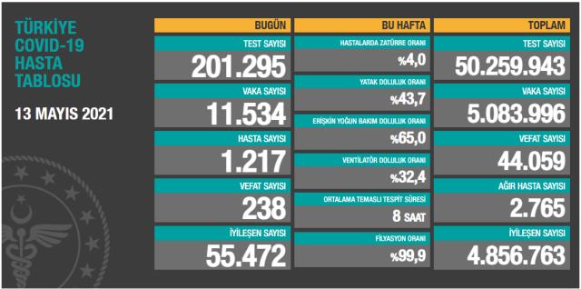 Son Dakika: Türkiye'de 13 Mayıs günü koronavirüs nedeniyle 238 kişi vefat etti, 11 bin 534 yeni vaka tespit edildi