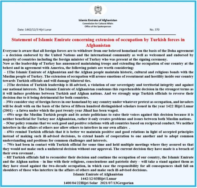 Taliban'dan Türkiye'ye 8 maddelik tehdit: Hangi ülke olursa olsun, Afganistan'da kalan tüm taraflara karşılık vereceğiz