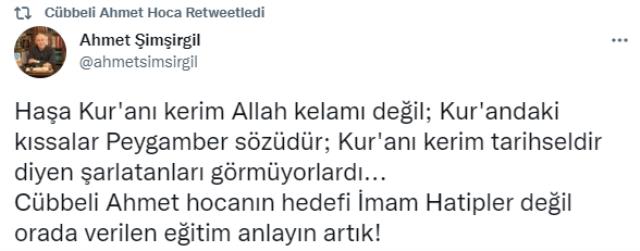 Cübbeli Ahmet imam hatip sözlerine yönelik tepkilere, alıntıladığı bir tweet'le yanıt verdi