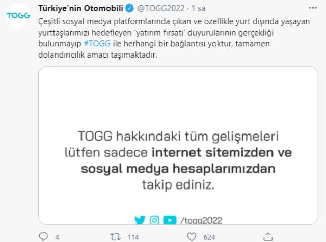 TOGG'dan dolandırıcılık uyarısı: Yatırım fırsatı duyuruları gerçek değil TOGG'dan dolandırıcılık uyarısı: Yatırım fırsatı duyuruları gerçek değil