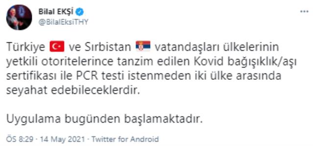 TÜRKİYE İLE SIRBİSTAN ARASINDA PCR TESTİ ZORUNLULUĞU KALDIRILDI TÜRKİYE İLE SIRBİSTAN ARASINDA PCR TESTİ ZORUNLULUĞU KALDIRILDI