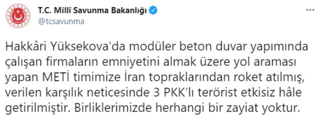 MSB: METİ timine roketle saldıran 3 PKK'lı etkisiz hale getirildi
